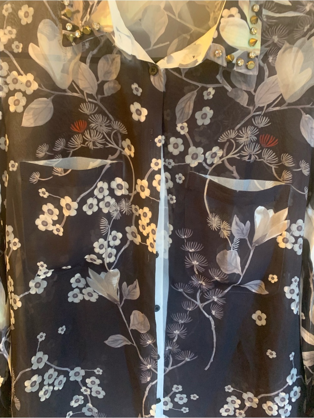 GUESS Los Angeles XS Sheer Floral Chiffon Blouse Studded Collar Black Button Up - Picture 7 of 7